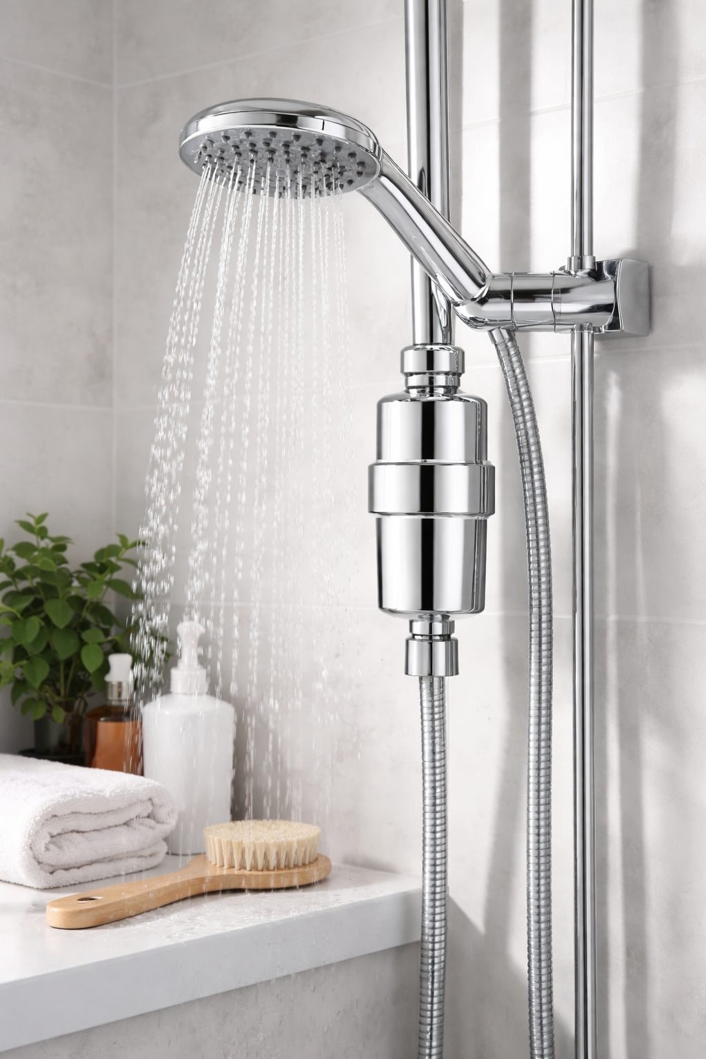 Duschfilter installerat på duschslang i modernt badrum med rinnande vatten